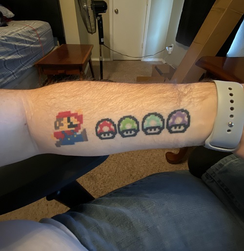 Pixel super mario and mushroom Tattoo Styles