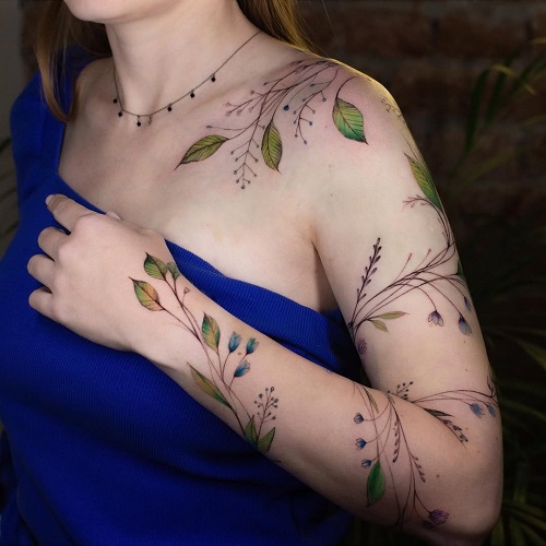 Leafy Arm and Sleeve Tattoo 