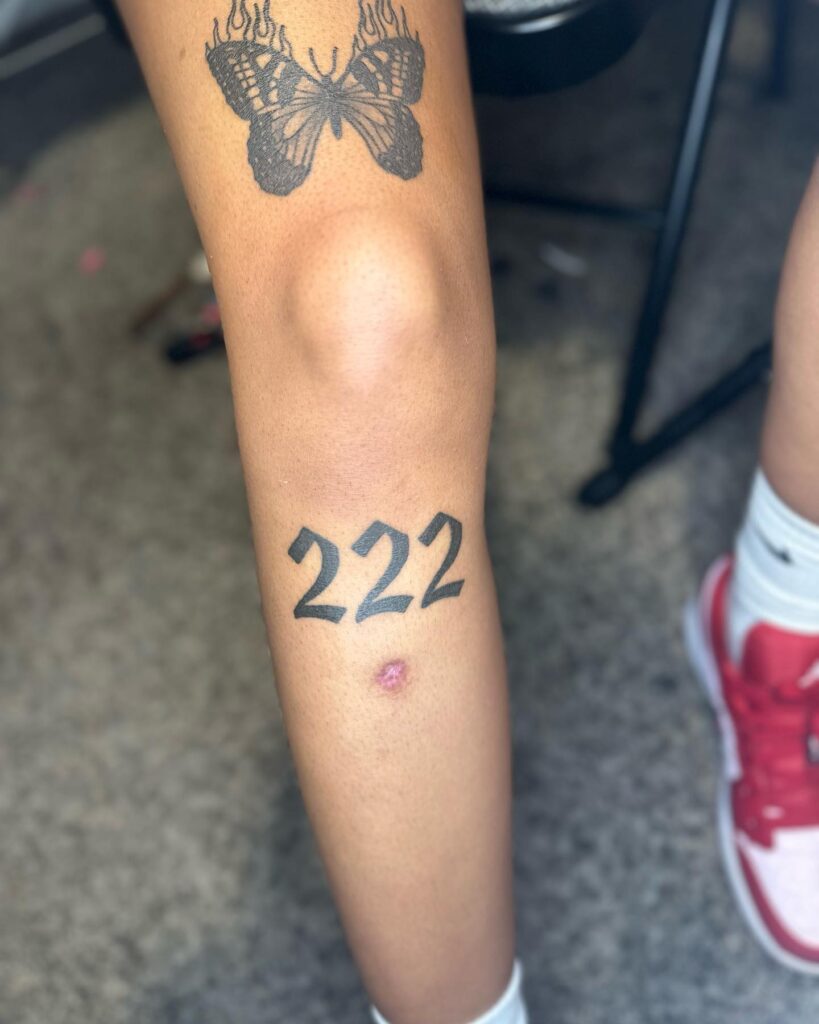 222 Bold Front Leg Tattoo, a Strong Expression: Healed Boldness 