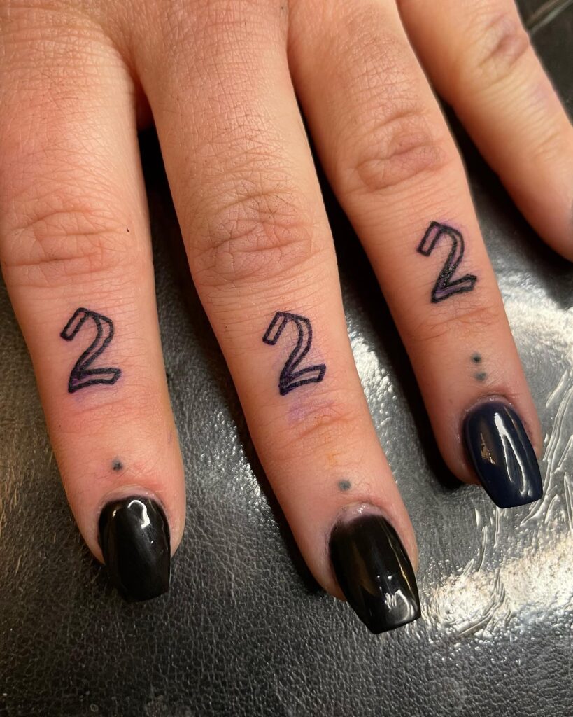 222 Outside Finger Tattoo, Each Digit on Index, Middle, and Ring Finger, a Unified Trio: Finger Formulas 