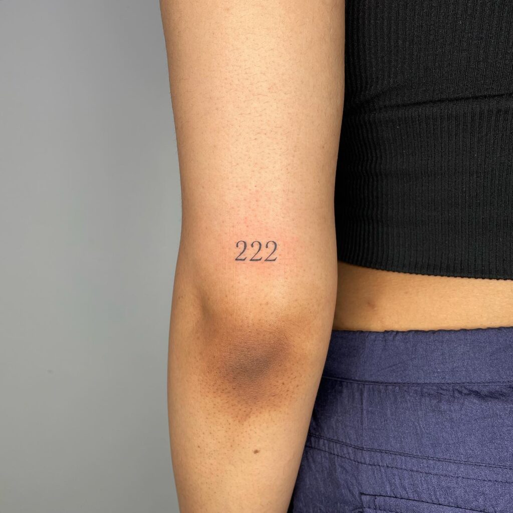 222 Tattoo on the Back Above the Elbow, a Minimalist Triplet: Subtle Trio 