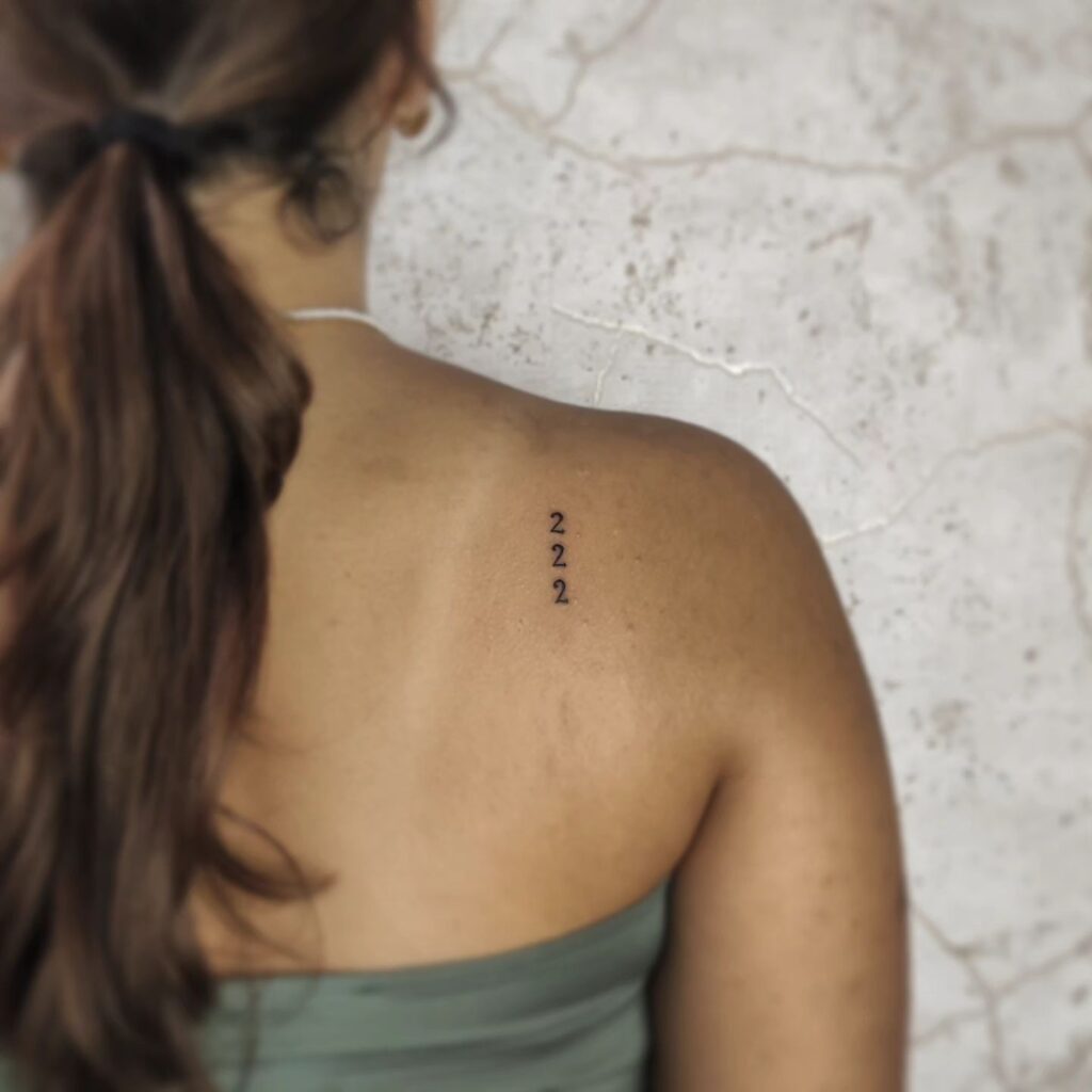 222 Text Lettering Tattoo on the Back of the Shoulder, a Balanced Display: Shoulder Symmetry 