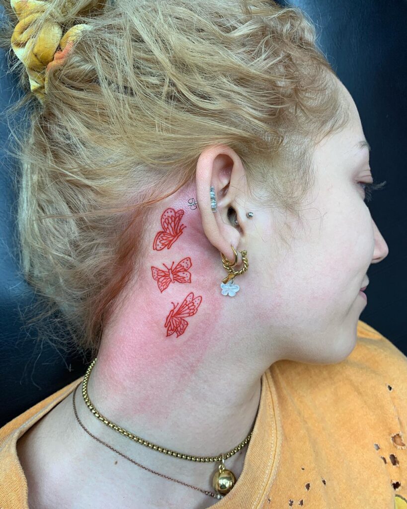 3 red color butterfly tattoos behind the ear womens beauty