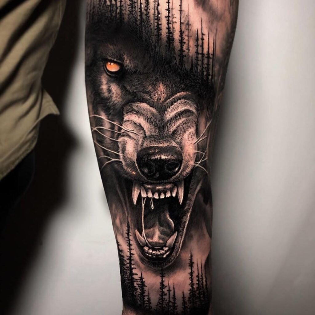 3d Pine Forest Roaring Wolf Forearm Shaded Tattoo Style