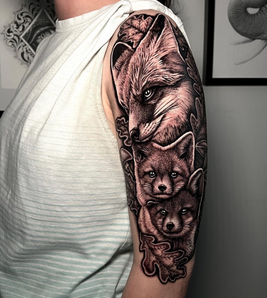 A Group of Foxes Tattooed on the Upper Arm: Family Fox Fun