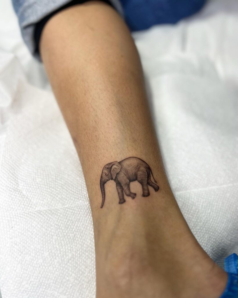 Above the Ankle Walking Elephant Tattoo, Very Small Side View: Ankle Stroll
