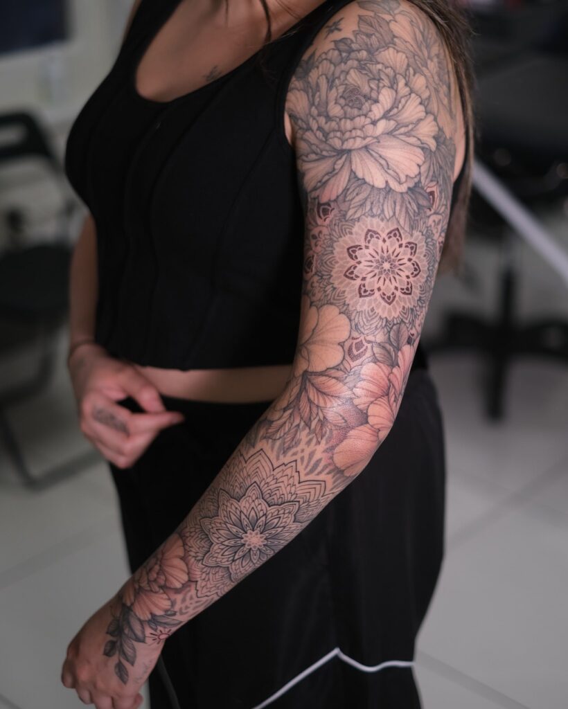 Abstract black and grey ink full-sleeve tattoo designs