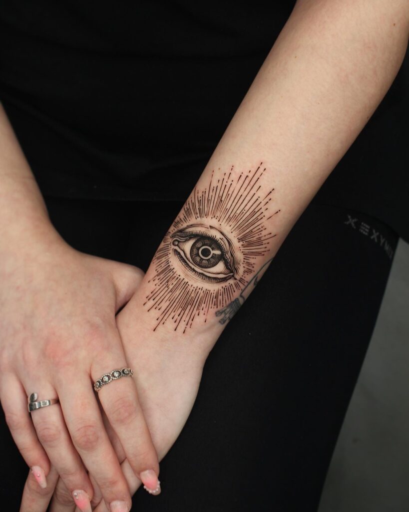 All seeing eye tattoo on outer wrist a symbolic statement for girls
