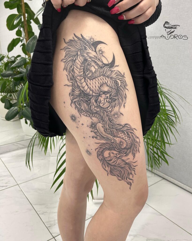 Amazing unique chinese dragon on leg tattoo design
