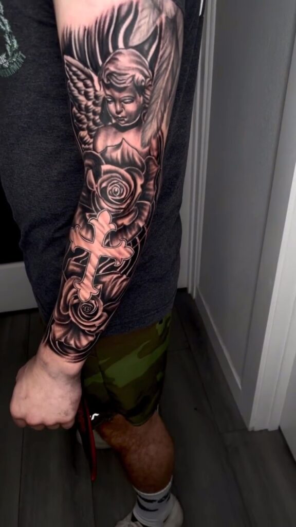 Angel Cross With Roses Full Hand Tattoos for Men