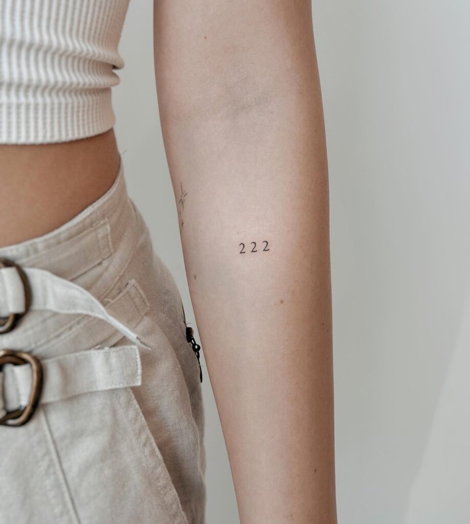 Angel Number Fineline 222 Tattoo Below the Elbow, a Graceful Mark: Divine Detailing 