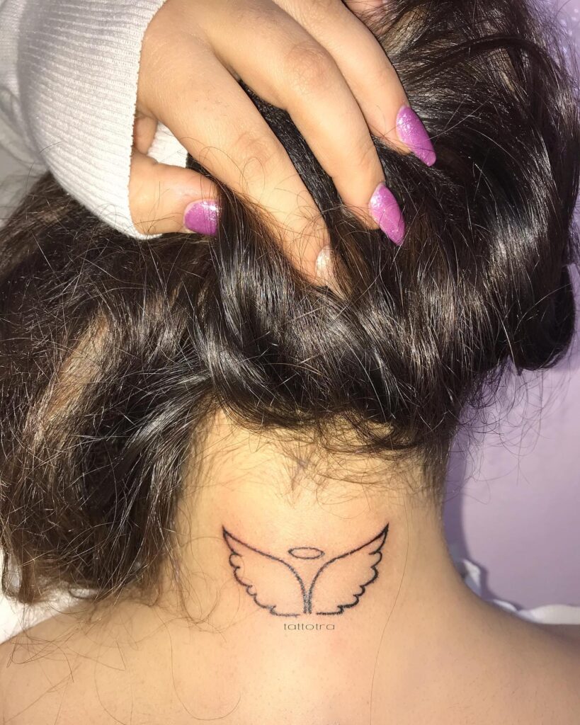 Angel Wings Neck Tattoo Fine-Line Elegant and Symbolic of Protection
