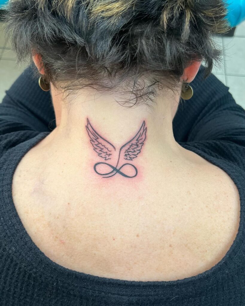 Angel Wings Tattoo with Infinity Symbol on the Back of the Neck: Heavenly Infinity