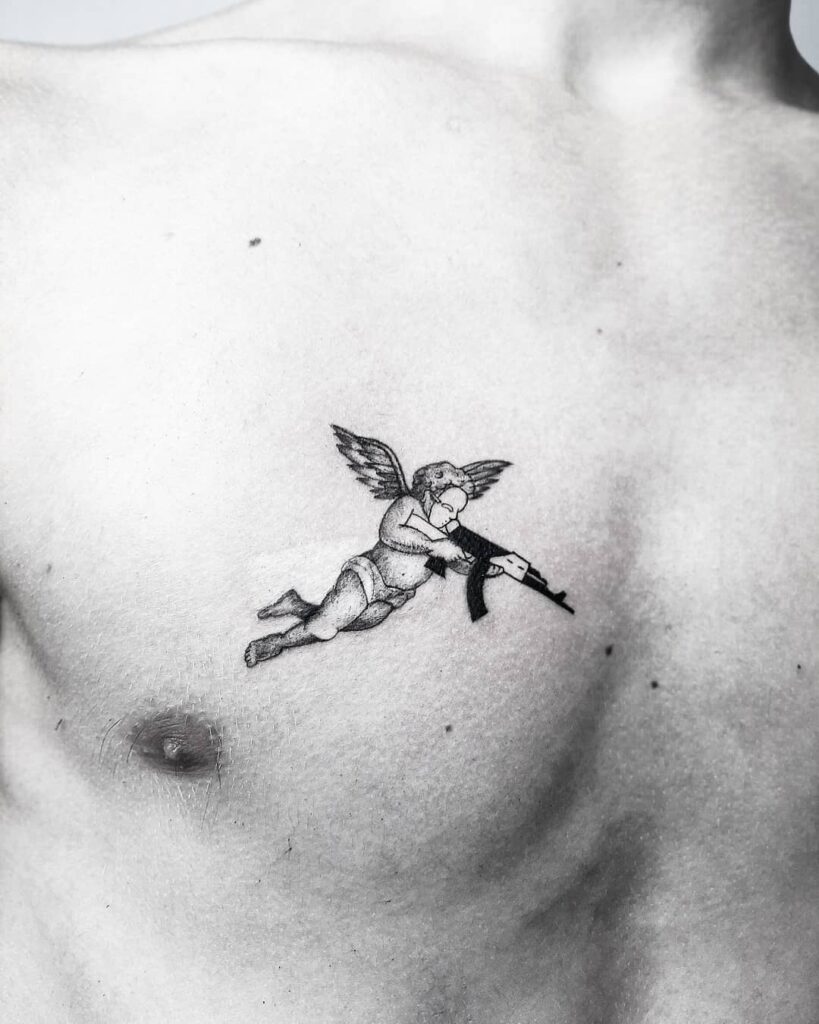 Angel with Gun and Open Wings Tattoo on the Chest: Divine Enforcer