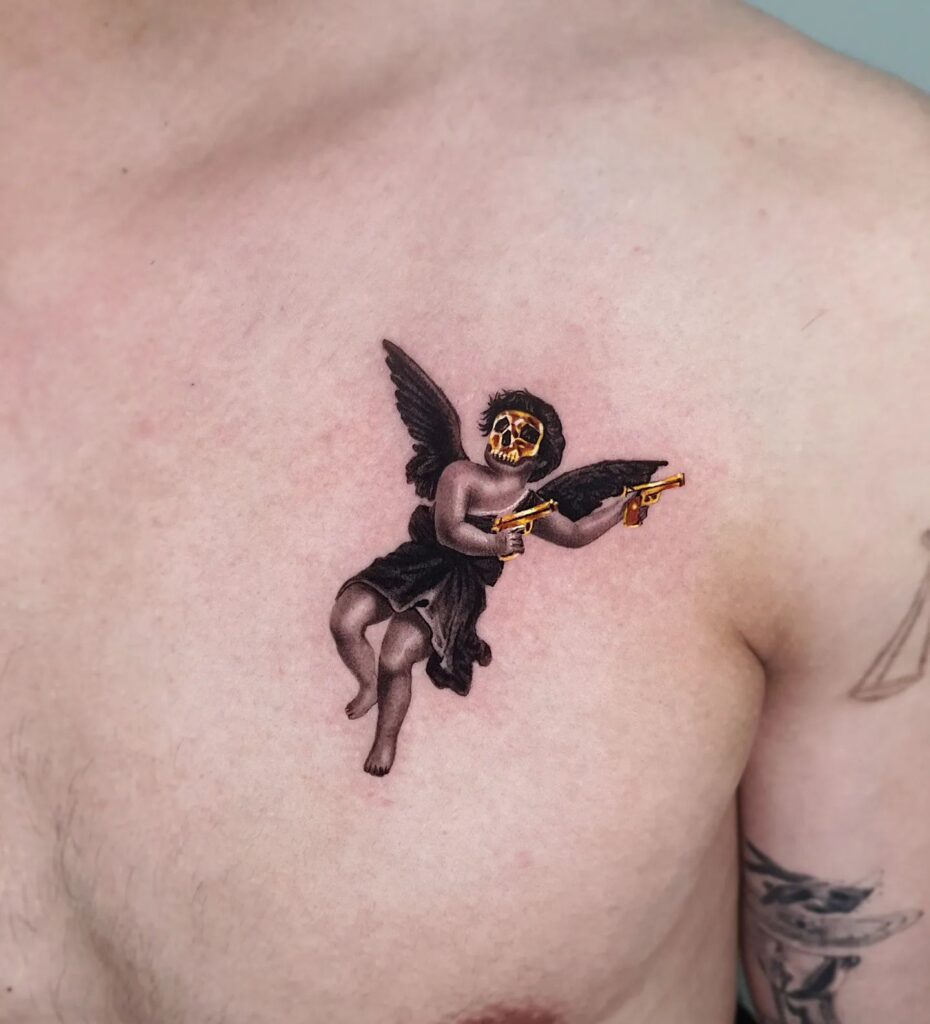 Angel with Wings, Golden Guns, and Skull Mask Tattoo on the Chest: Golden Guardian