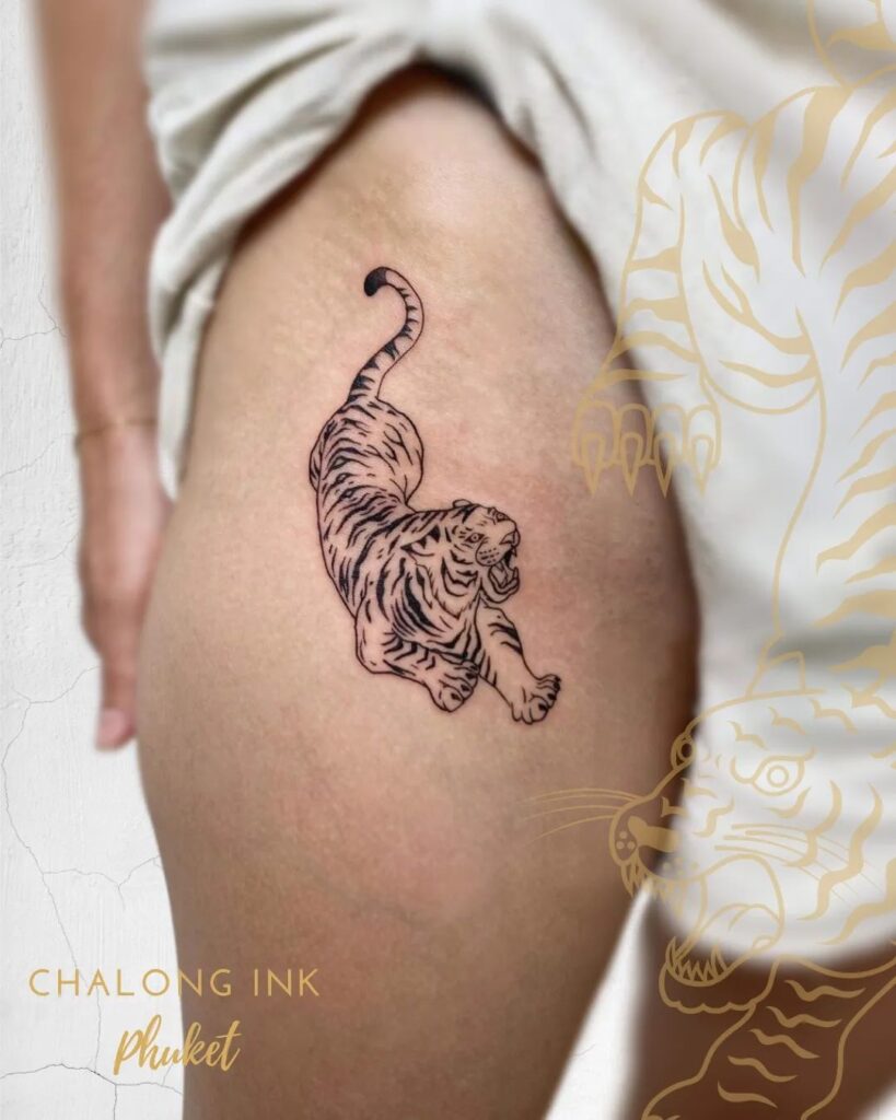 Angry Tiger Hip Tattoo, Capturing the Power and Intensity of This Majestic Beast: Roaring Fury