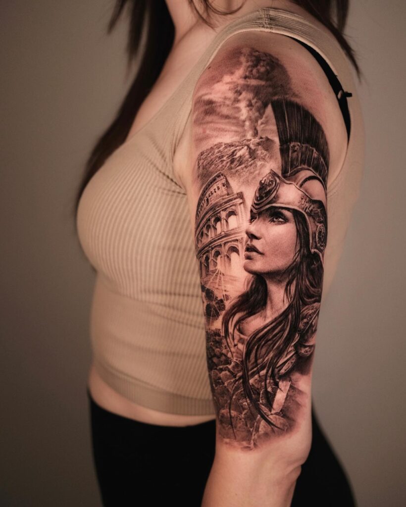 Athena and colosseum female arm half sleeve: goddess of wisdom meets ancient majesty