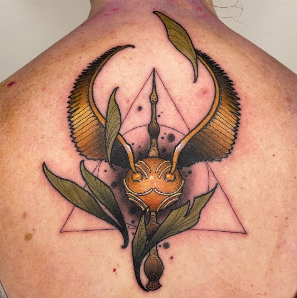 Back Neck Golden Snitch With Deathly Hallows Tattoo