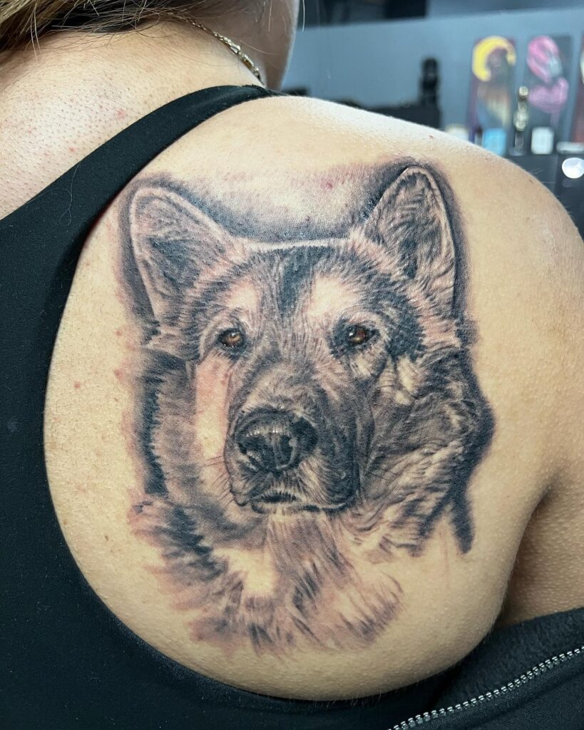 Back of Shoulder Tattoo Women Beautiful German Shepherd Body Art