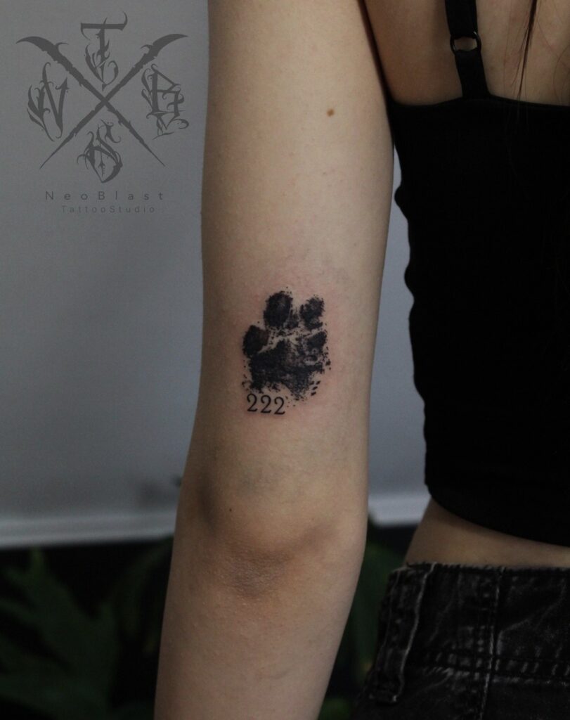 Back of the Above Elbow Dog Paw Black and Grey with Below 222 Text Tattoo: Paw Tribute, a Pet Lover's Tribute 