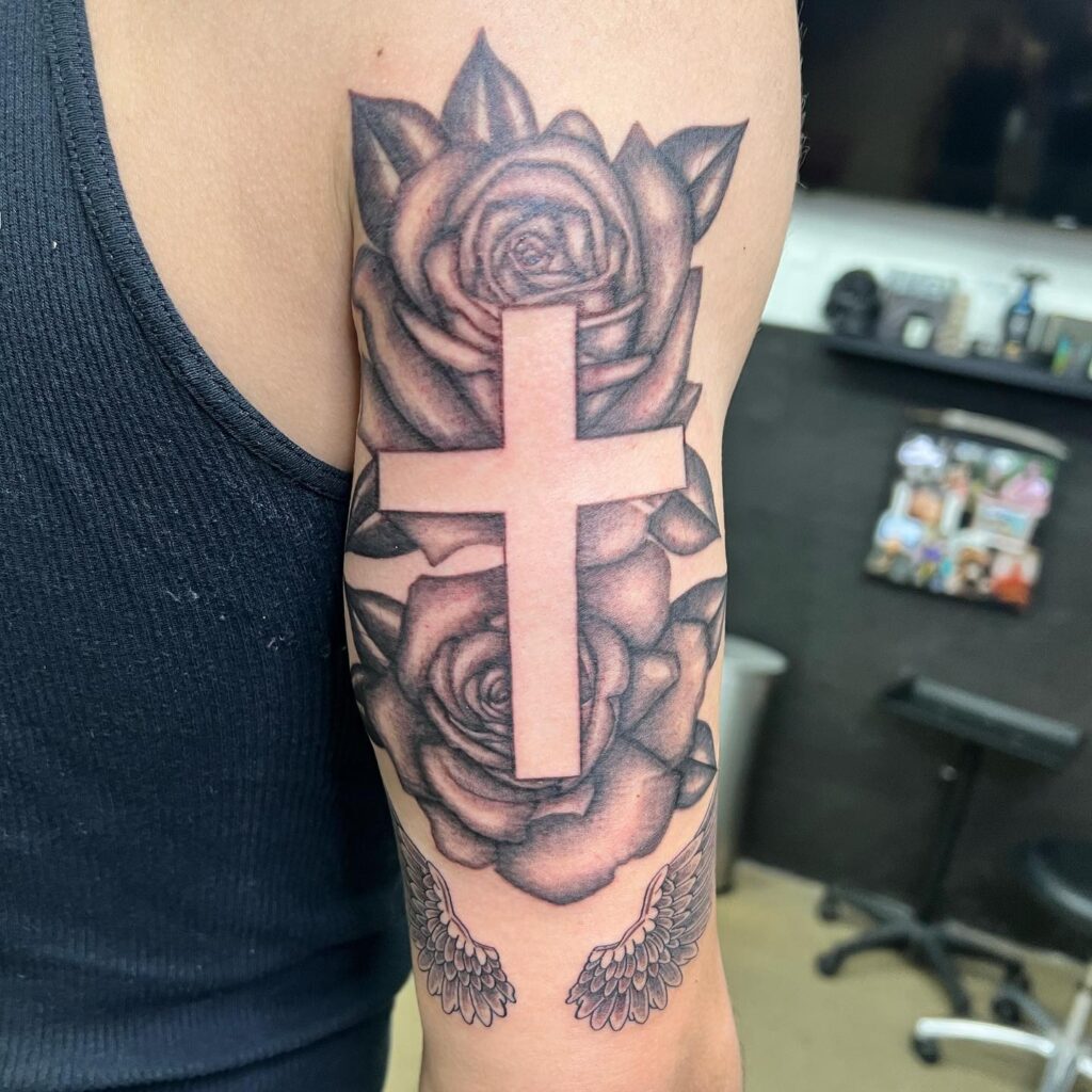 Back of the Arm Roses with Cross Tattoo, Masculine and Artistic: Men's Florals