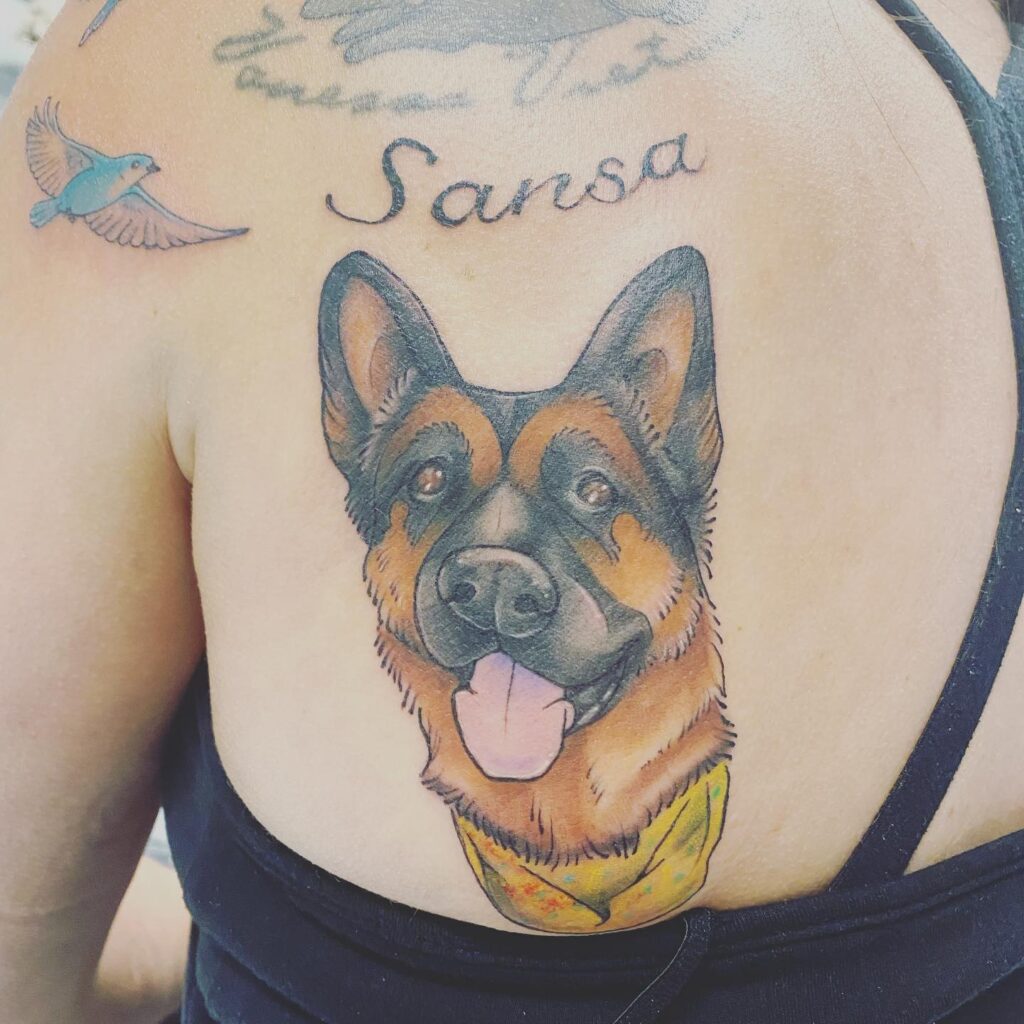 Back Shoulder American Traditional German Shepherd Tattoo