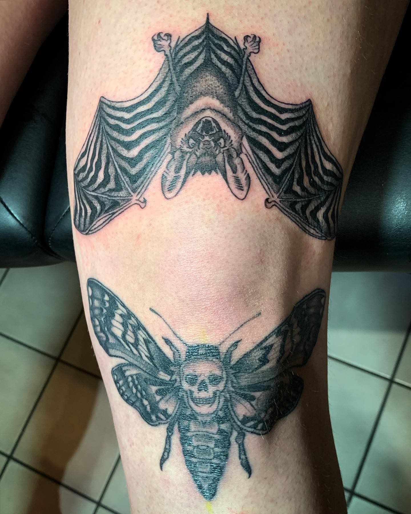 Bat And Moth Above Knee Tattoo Design
