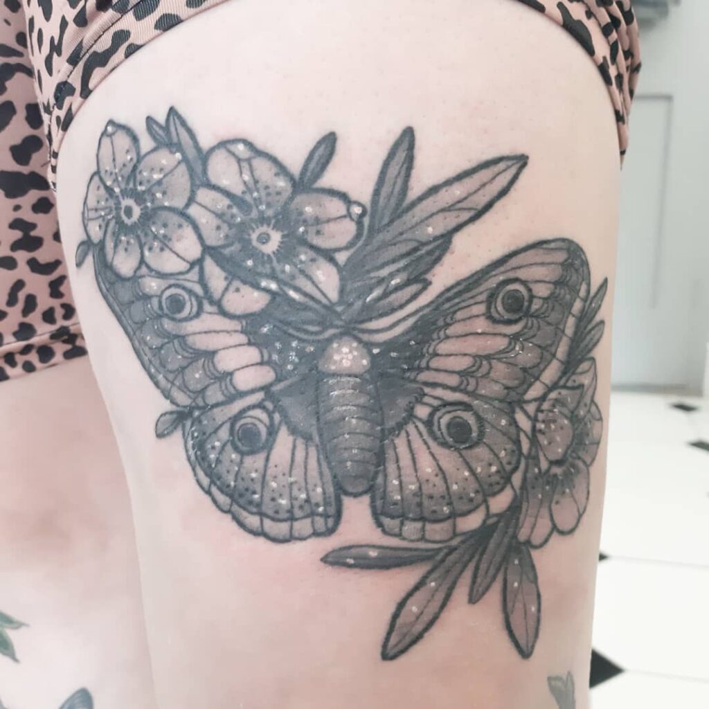 Beautiful Butterfly and Flower Sketch Tattoo for Thigh