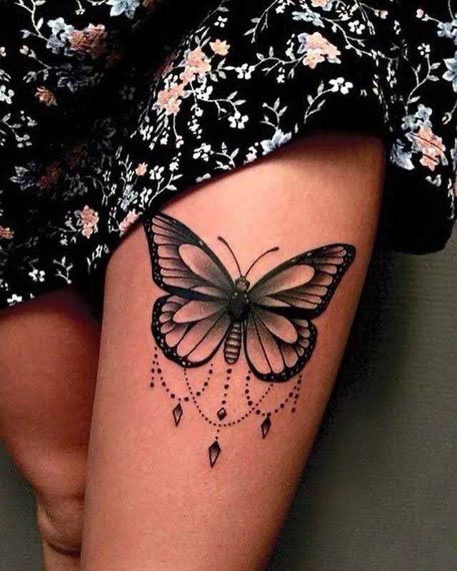 Beautiful Sketched Butterfly With Decorative Gems for Thigh