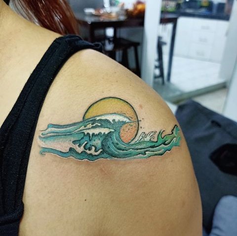 Beautiful Colored Wave and Sun Tattoo for Shoulder