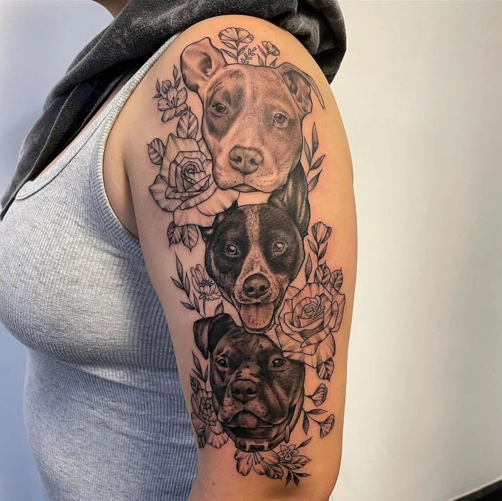 Beautiful Doggy Portraits with Roses and Flowers on the Upper Arm: Canine Trio