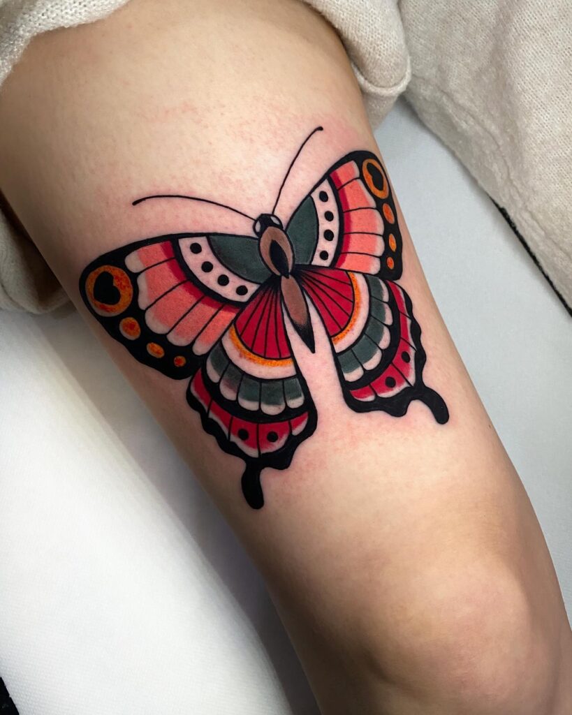 Beautiful neo-traditional butterfly a modern classic on your thigh