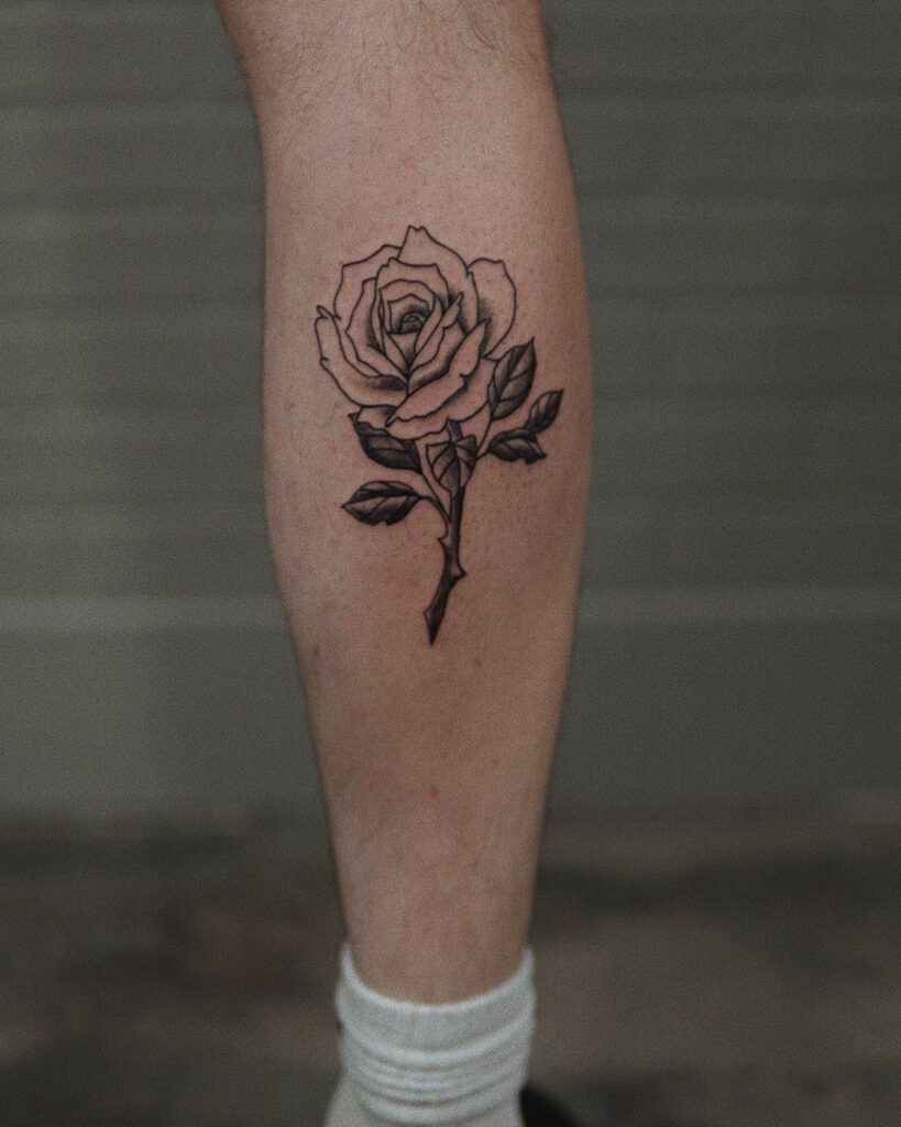 Beautiful Rose Tattoo Blooming on the Calf: Rose Radiance 