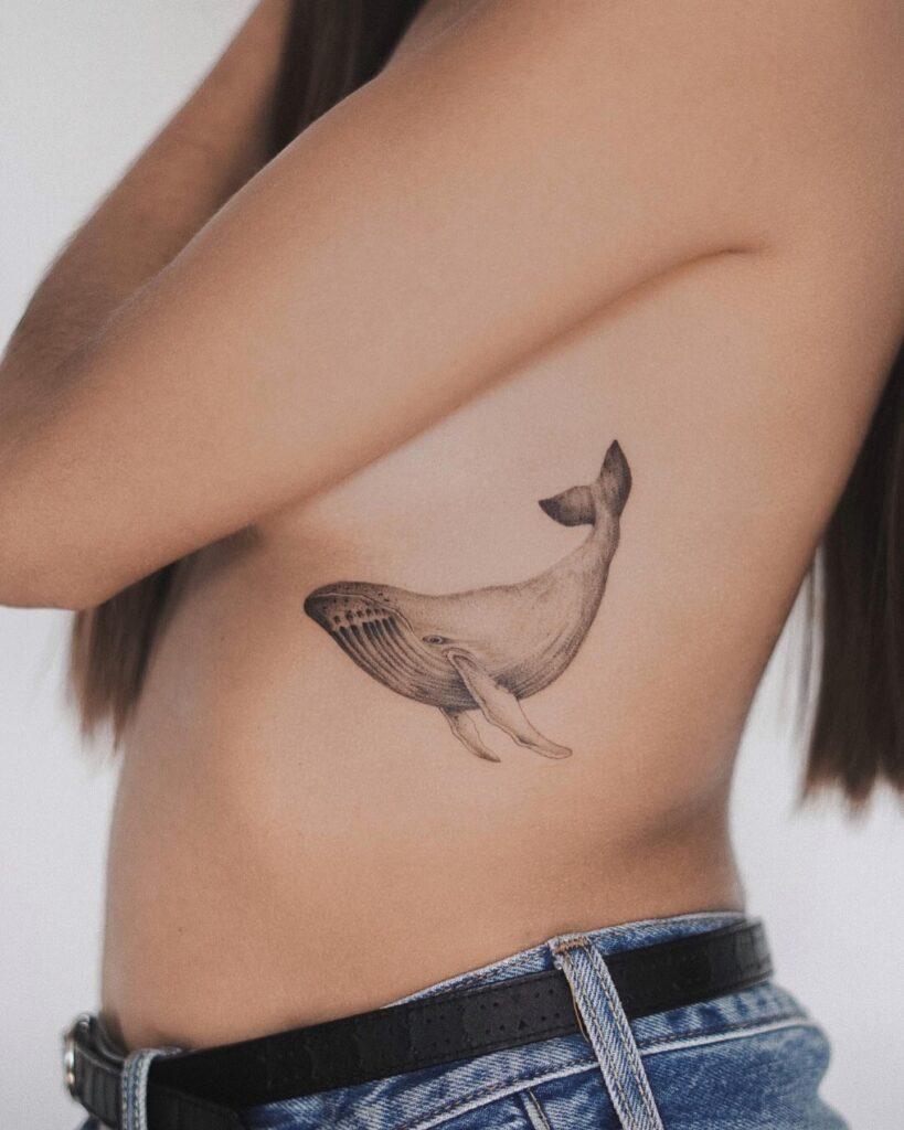 Beautiful Side View Whale Tattoo on the Rib in Black and Grey: Whale's Tale