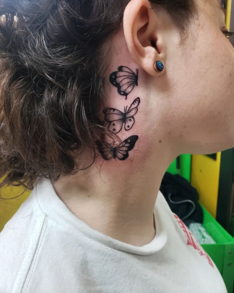 Behind the ear 3 butterflies flying together tattoo for females wings of unity