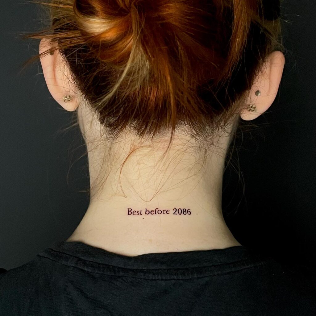 'Best Before 2086' Text on the Back of the Neck: Timeless Reminder