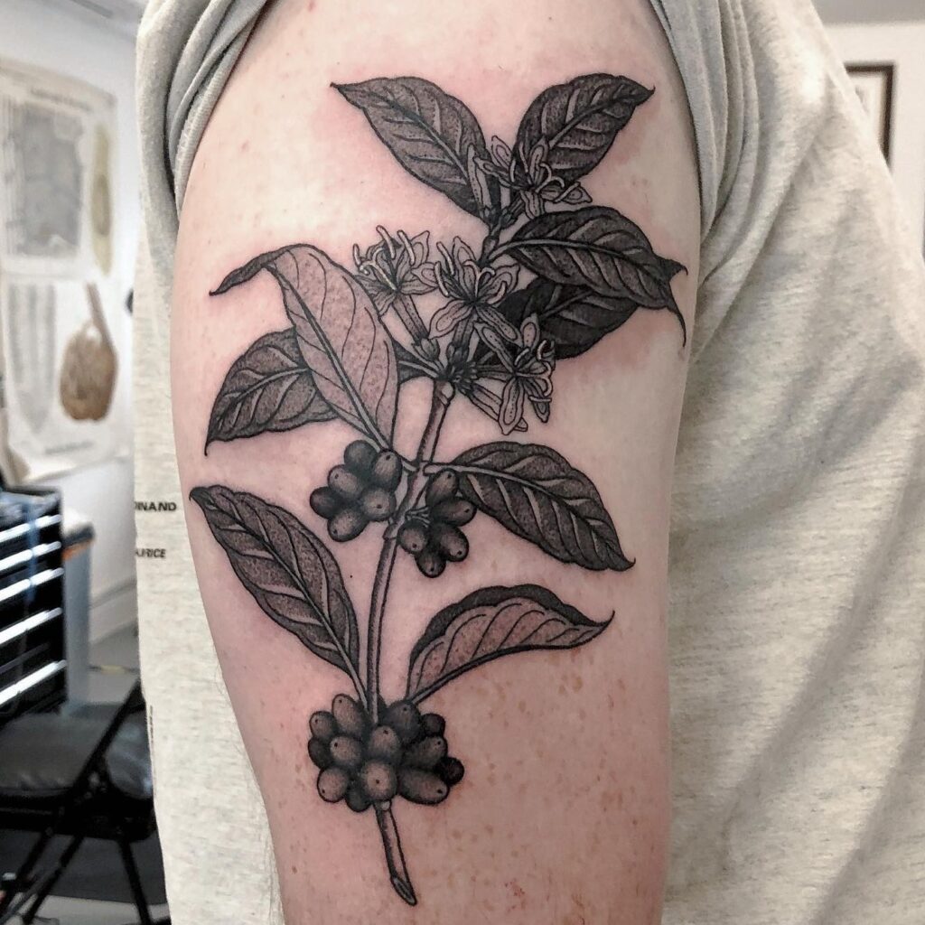 Big coffee plant tattoo on the hand with image