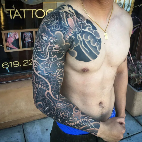 Black and Gray Dragon Sleeve Tattoo 1
