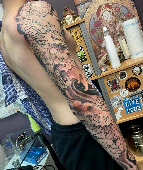Black and Gray Dragon Sleeve Tattoo 2