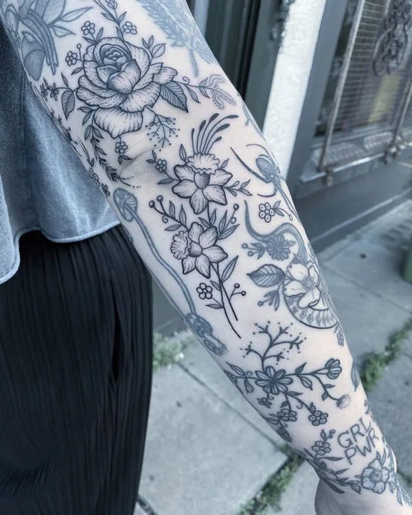 Black and White Flower Sleeve Tattoo 1