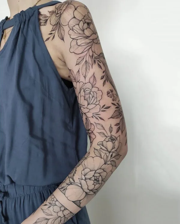 Black and White Flower Sleeve Tattoo 2