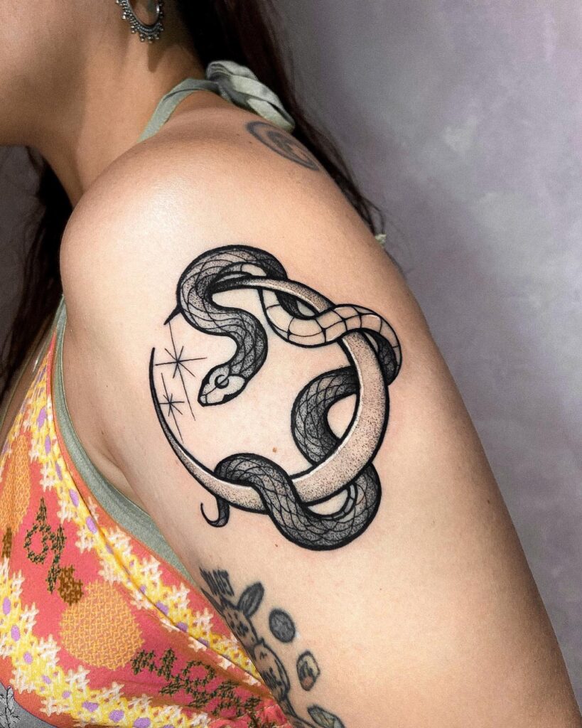 Black and Grey Cobra Wrapped Around the Moon on the Arm: Celestial Serpent