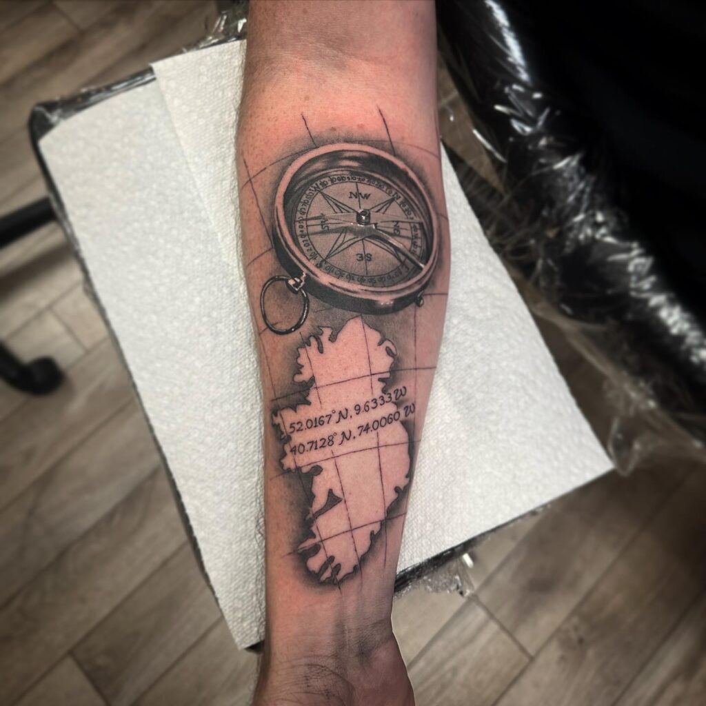 Black and Grey Compass and Irish Map Lower Sleeve Tattoo: Irish Exploration