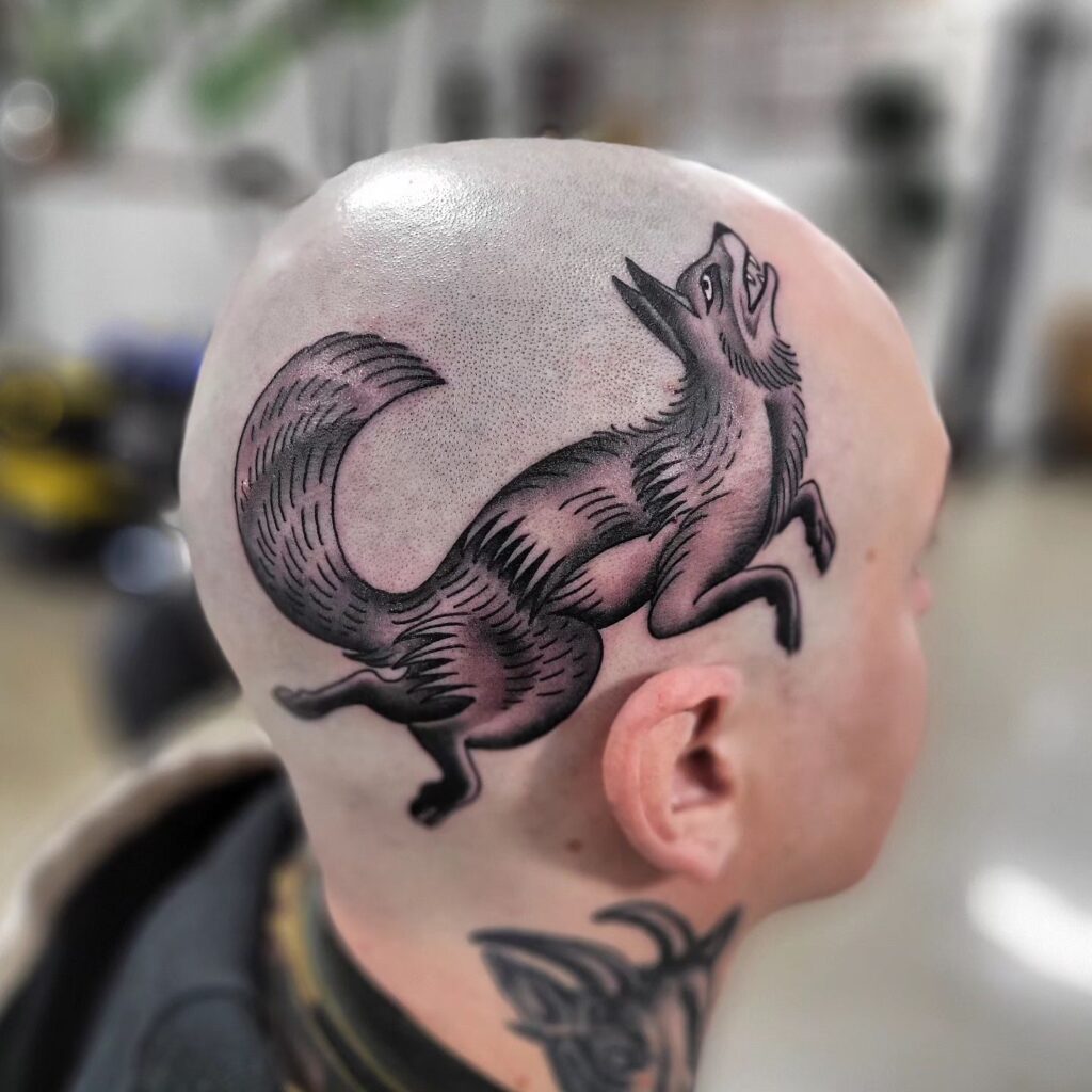 Black and Grey Fox Tattoo on the Head for Men: Cunning Commander