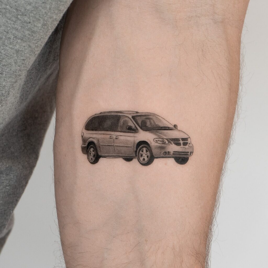 Black-and-Grey Minivan Tattoo on Inner Forearm – Sentimental Car Tattoo Ideas