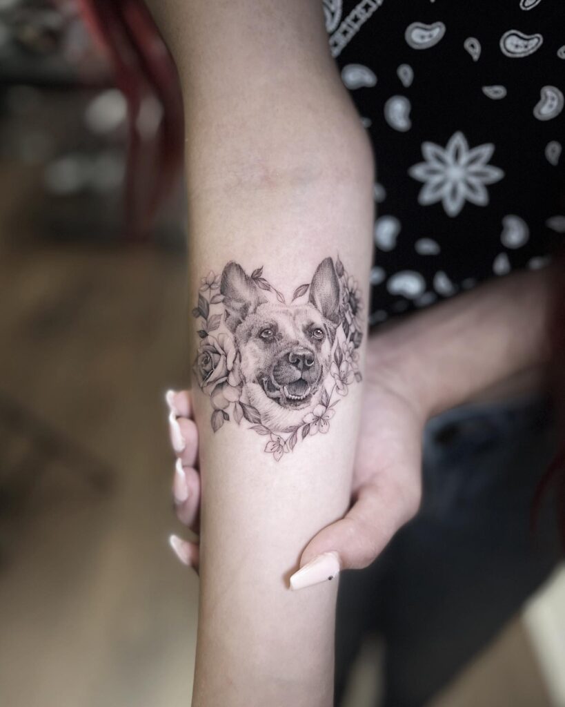 Black and grey portrait tattoo german shepherd arm art for women