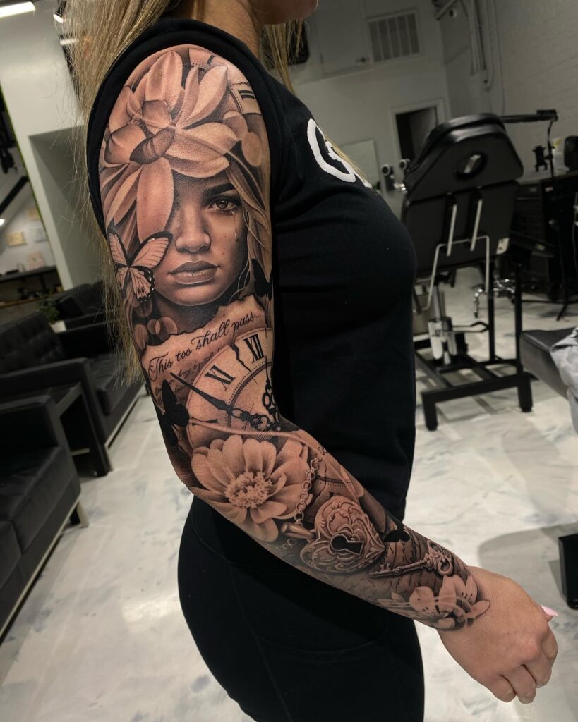 Black-and-grey realism portrait tattoo sleeve with Roman numeral clock