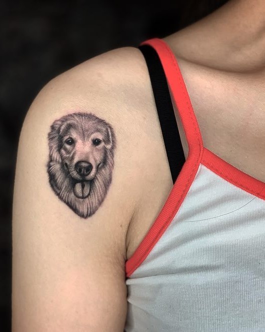 Black and Grey Shaded Dog Portrait Tattoo on the Arm: Shoulder Sentinel