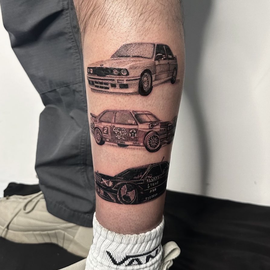 Black and Grey Three Stacked Cars Tattoo on Lower Leg for Men