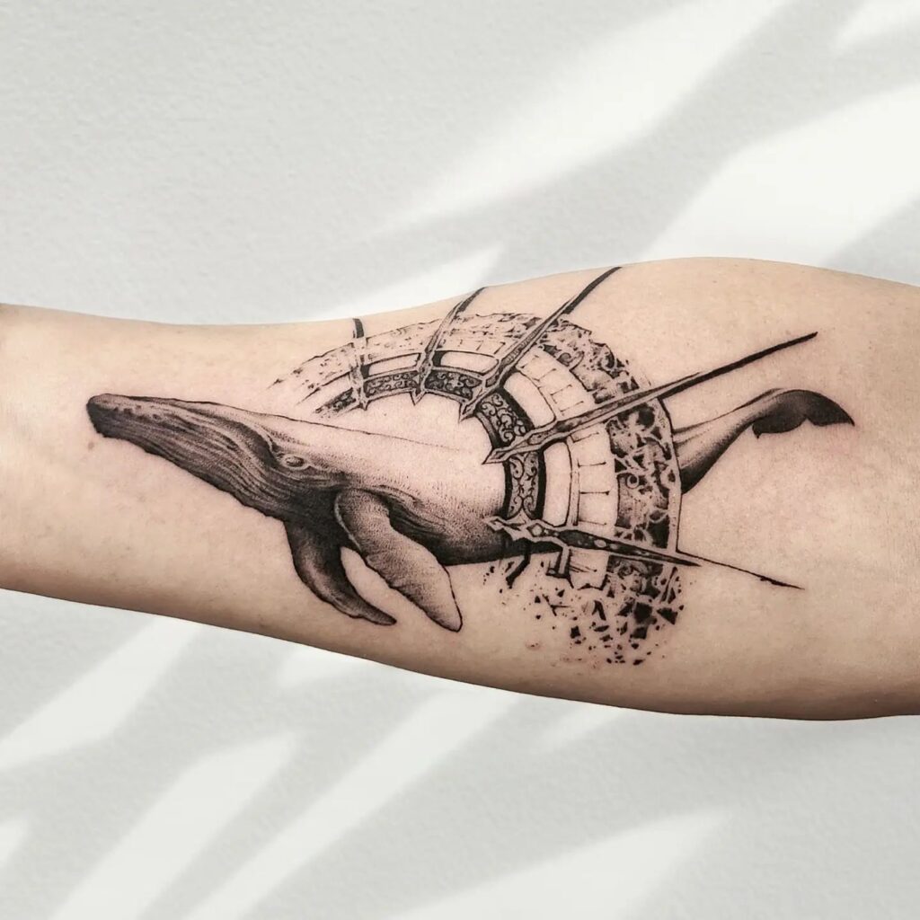 Black and Grey Whales and Broken Compass Tattoo on the Forearm: Seafarer's Tale